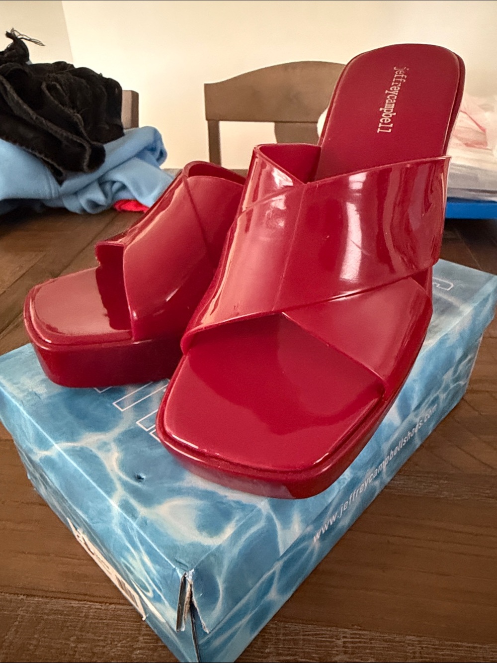 Jeffrey Campbell Glossy Red Cross-Band Jelly Slide Mules